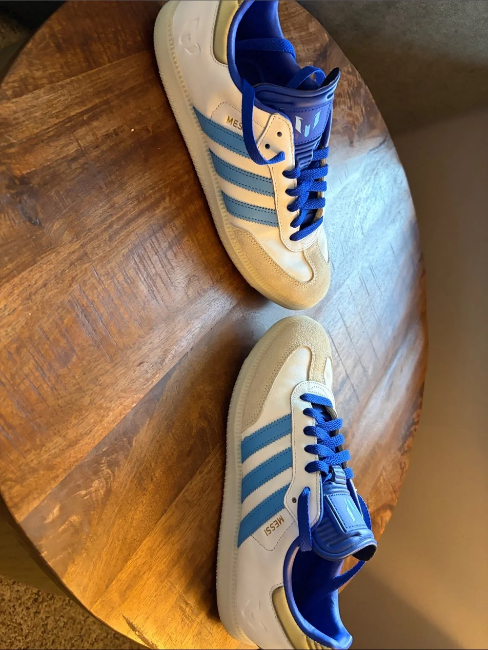 Lionel Messi Adidas Sambas. White & Blue Retro Sneakers with Blue Laces